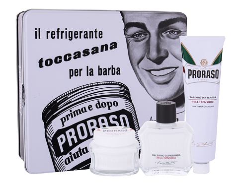 Proraso White balzám po holení 100 ml + mýdlo na holení 150 ml + krém před holením 100 ml + plechová dóza dárková sada