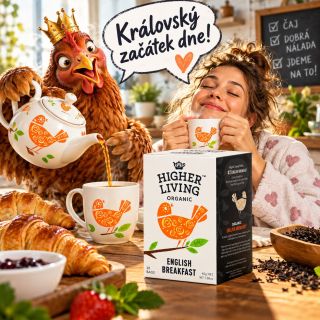 🐔👑 Královský začátek dne! ☕ Ráno bez čaje? To si naše slepice odmítá vzít na svědomí. 😂 🌿 Higher Living BIO English...