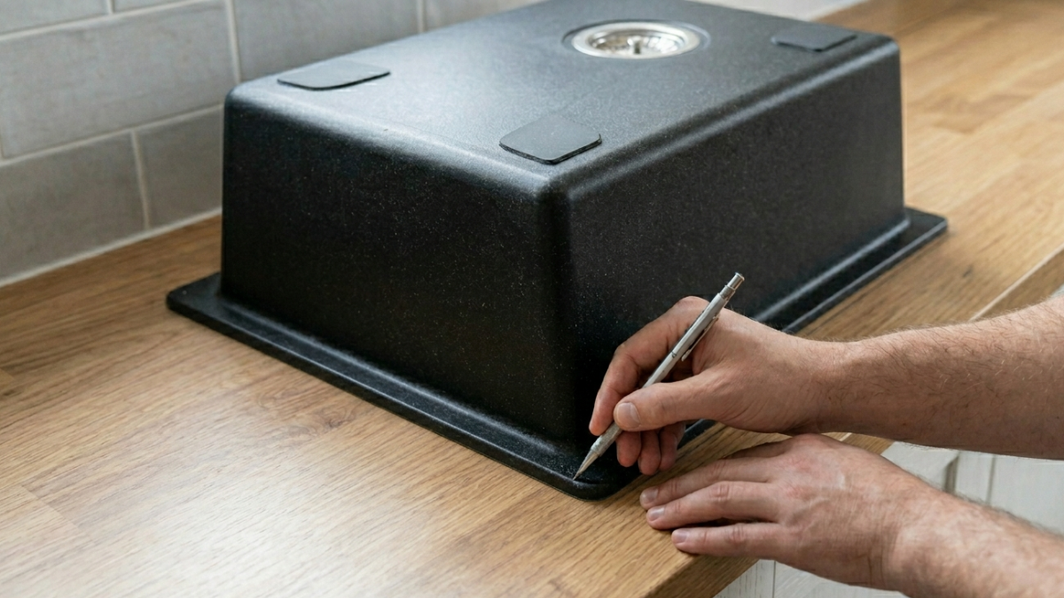 Zakreslení rozměrů granitového dřezu na desku