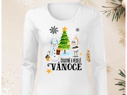 Vánoční stromeček - Dámské triko bílé-DLOUHÝ RUKÁV