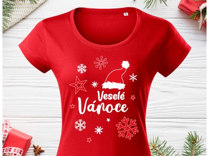 Čepička Veselé Vánoce - Dámské triko červené
