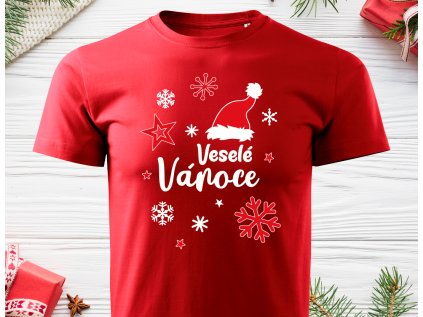 Čepička Veselé Vánoce - Pánské triko červené