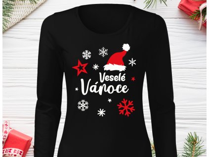 Čepička Veselé Vánoce - Dámské triko černé-DLOUHÝ RUKÁV