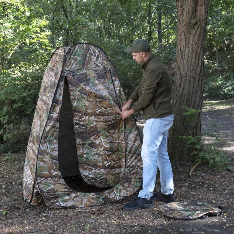 Wide entrance of the Partizan shower tent, unzipped