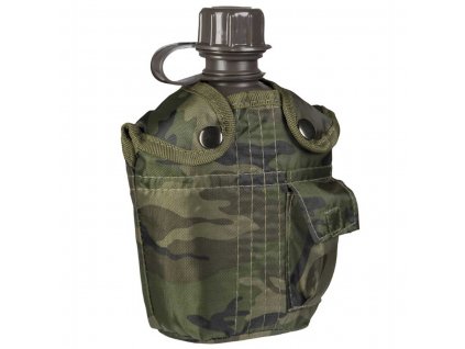 US-Style 1-Liter-Mil-Tec-Plastikfeldflasche mit Abdeckung, Woodland-Camouflage