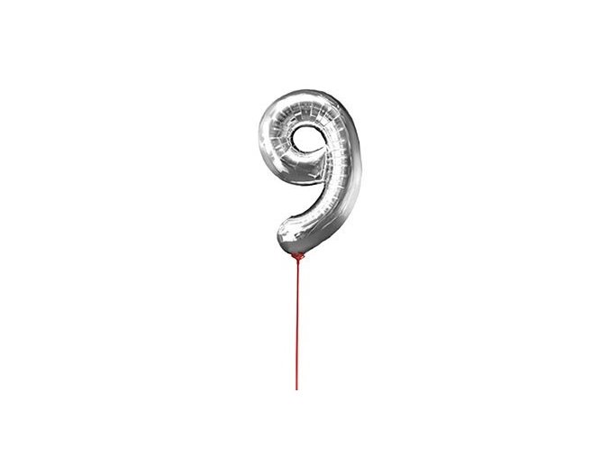 Fóliový balón číslo ,,9,, Strieborný na paličke 30cm