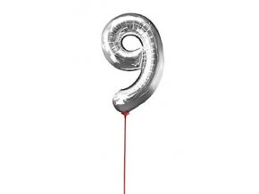 Fóliový balón číslo ,,9,, Strieborný na paličke 30cm