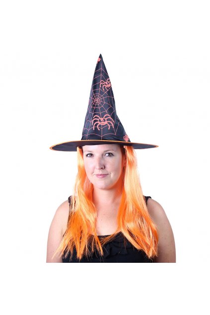 Klobouk čarodějnice s vlasy - oranžový