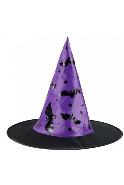 Dětský klobouk čarodějnice - fialový  s netopýry
