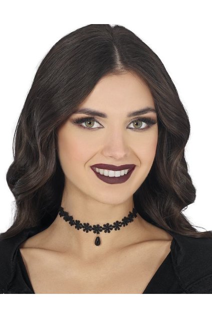 Černý choker s květinami a kamínkem - krajkový náhrdelník