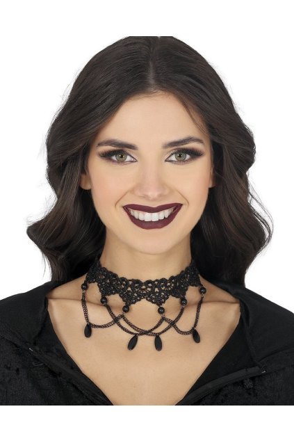 Černý krajkový choker s kamínky - náhrdelník