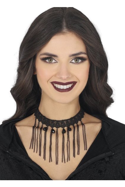 Krajkový černý choker s řetízky a kamínky  náhrdelník