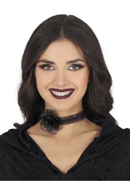 Černý krajkový náhrdelník s růží - choker