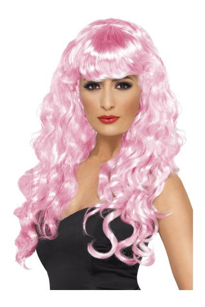 Růžová dlouhá kudrnatá paruka s ofinou - Siren