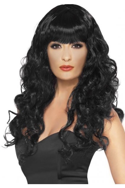 Černá dlouhá kudrnatá paruka s ofinou - Siren