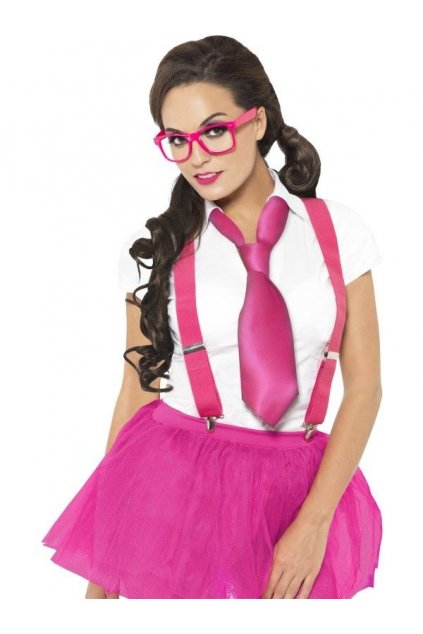 Školačka - růžová kravata, kšandy a brýle