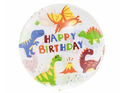 Průhledný fóliový balónek s obrázky dinosaurů a nápisem happy birthday