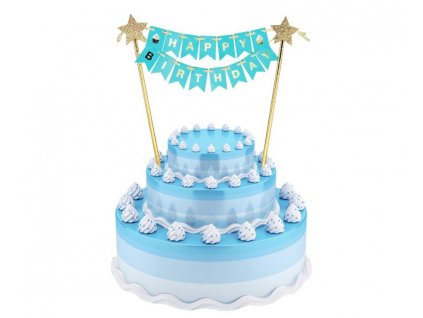 Modré zapichovací dekorace na dort s nápisem Happy Birthday