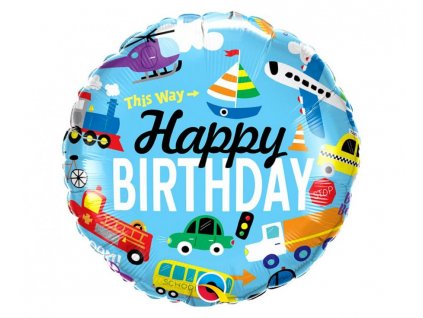 Fóliový balónek s obrázky vozidel a nápisem Happy Birthday