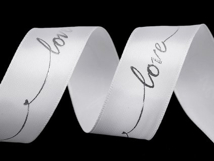 Saténová stuha Love, bílá se stříbrným potiskem, 26mm/13,5m