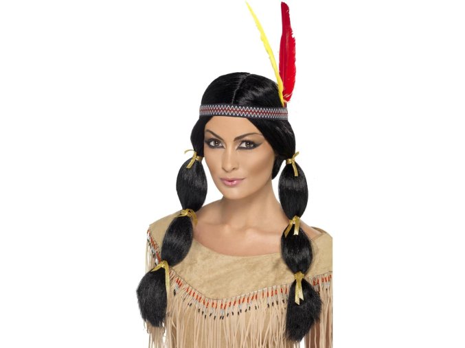 Černá paruka Indiánka s culíky a čelenkou