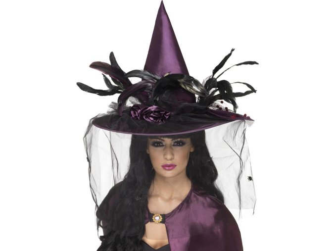 Čarodějnický fialový klobouk se závojem