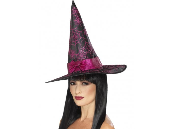 Čarodějnický klobouk s růžovými pavučinami a mašlí