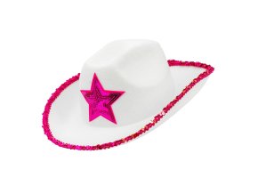 Party klobouk Kovbojka bílý s růžovou hvězdou