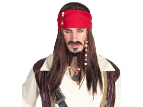 Paruka Pirát z karibiku s šátkem, knírem, bradkou a korálky