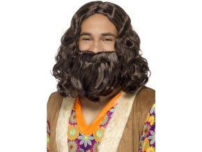 Hnědá paruka s vousy Hippie