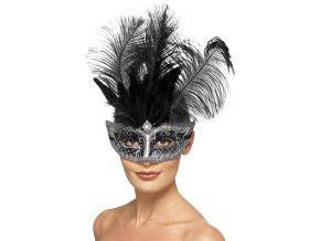 Černá škraboška s peřím deluxe