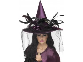 Čarodějnický fialový klobouk se závojem