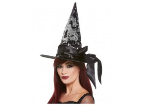 Čarodějnický klobouk s černými flitry a stuhou