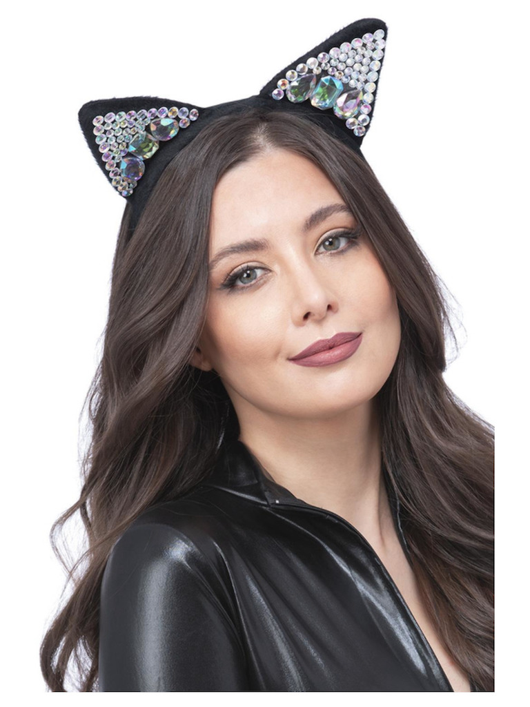 Černá kočičí čelenka s drahokamy