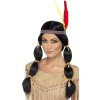 Černá paruka Indiánka s culíky a čelenkou