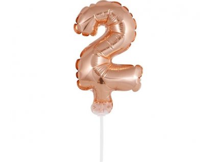 Balón foliový číslice - 2 - RŮŽOVO ZLATÁ - ROSE GOLD 12,5 cm s držákem