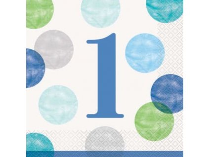 Ubrousky 1. narozeniny modré s puntíky - KLUK - 33 x 33 cm -16 ks - Happy birthday
