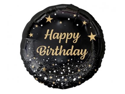 Balón foliový černý - Happy Birthday - narozeniny - zlatý nápis - 45 cm