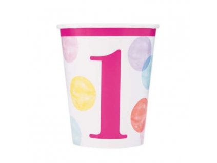 Papírové kelímky 1. narozeniny růžové s puntíky - HOLKA - 270 ml - 8 ks - Happy birthday