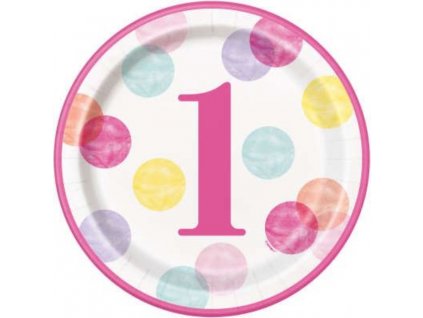 Talíře 1. narozeniny růžové s puntíky - HOLKA - 22 cm - 8 ks - Happy birthday