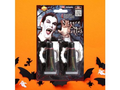 Upíří zuby s umělou krví 30 ml - upír - vampír - drakula - Halloween - 4 ks