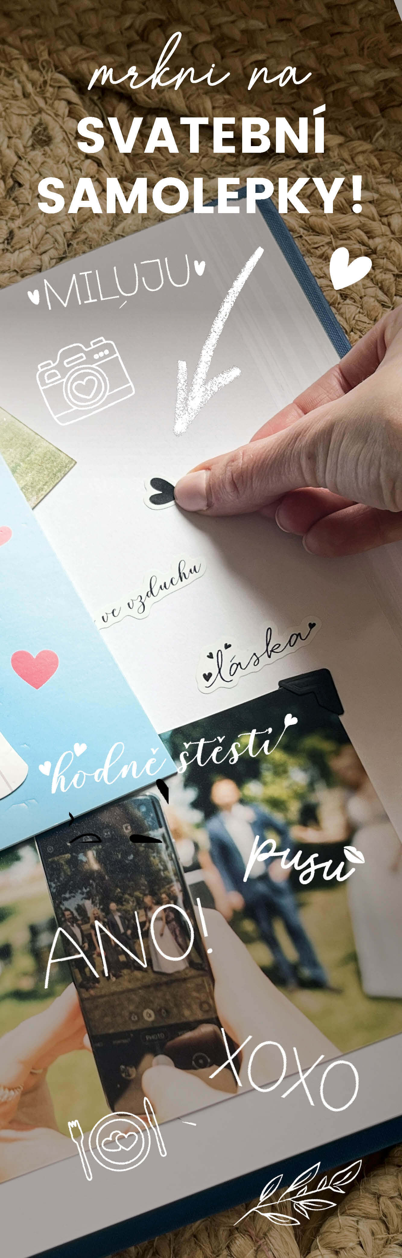 Svatební samolepky do knihy hostů – sada A4 pro svatební album s polaroidy