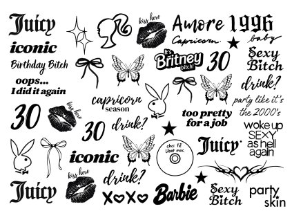 Dočasné tetování na 30. narozeniny Y2K – arch A4 PartySkin