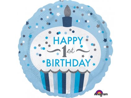 Balonek fóliový Happy 1st Birthday modrý, 43 cm