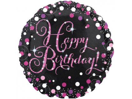 Balonek fóliový Happy Birthday černo-růžový, 45 cm
