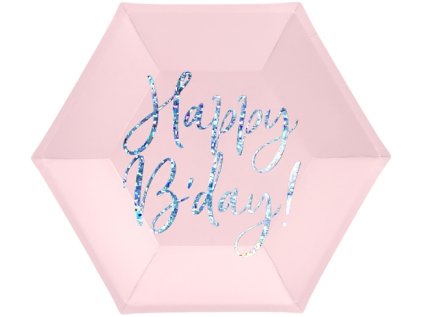 Papírové talířky Happy B'day! růžové 20 cm, 6 ks
