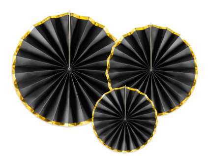 Závěsné dekorace rozety černé se zlatým okrajem, 3 ks