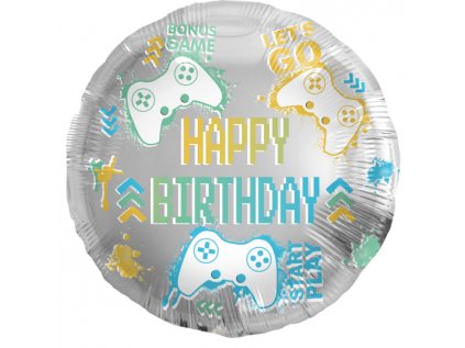 Balonek fóliový Happy Birthday herní ovladače, 45 cm