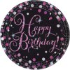 Papírové talířky Happy Birthday černo-růžové 23 cm, 8 ks