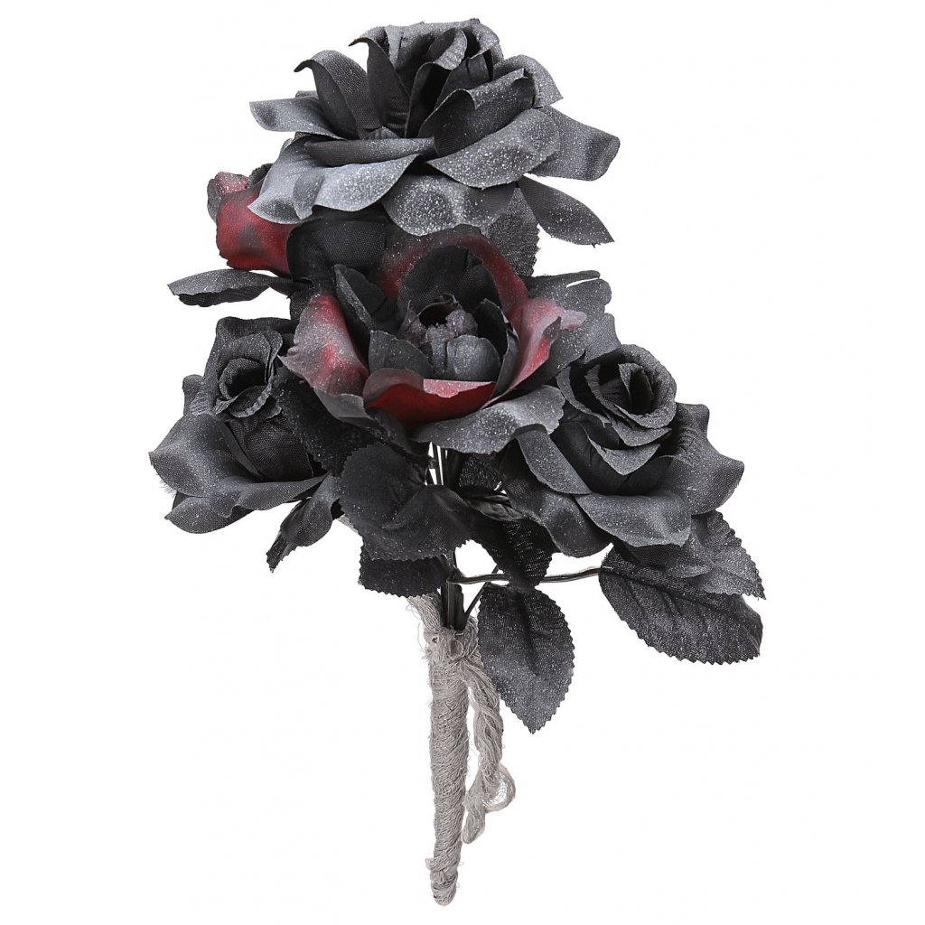 Halloweenská kytice s černými a červenými růžemi